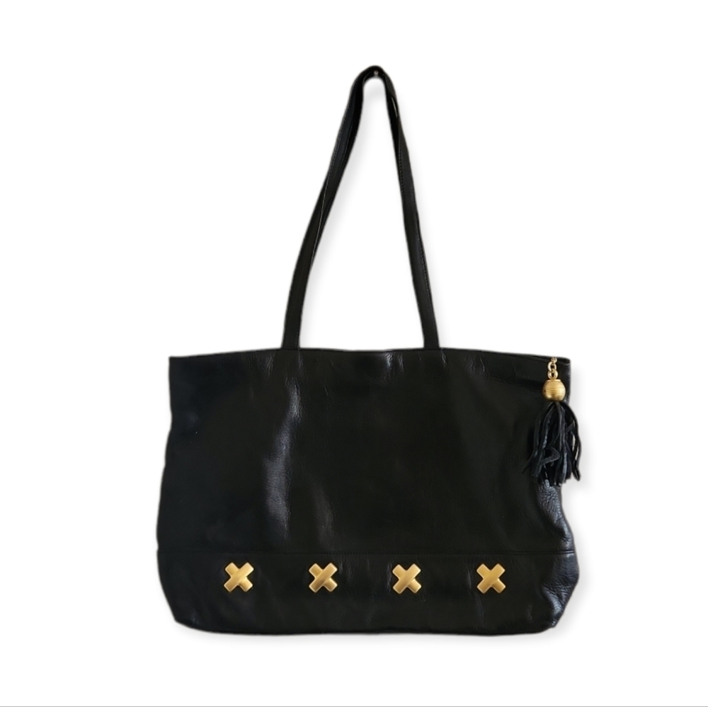 Vintage Large Black Zip Top Tote Bag with Gold “X” Hardware & Tassel